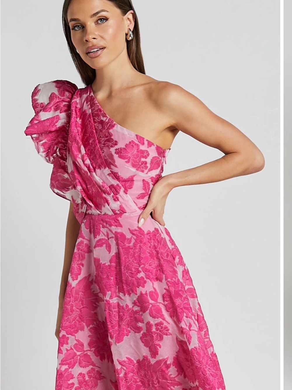 Showpo Hot Pink One-Shoulder Floral Ruffle Maxi Dress - Picture 7 of 12